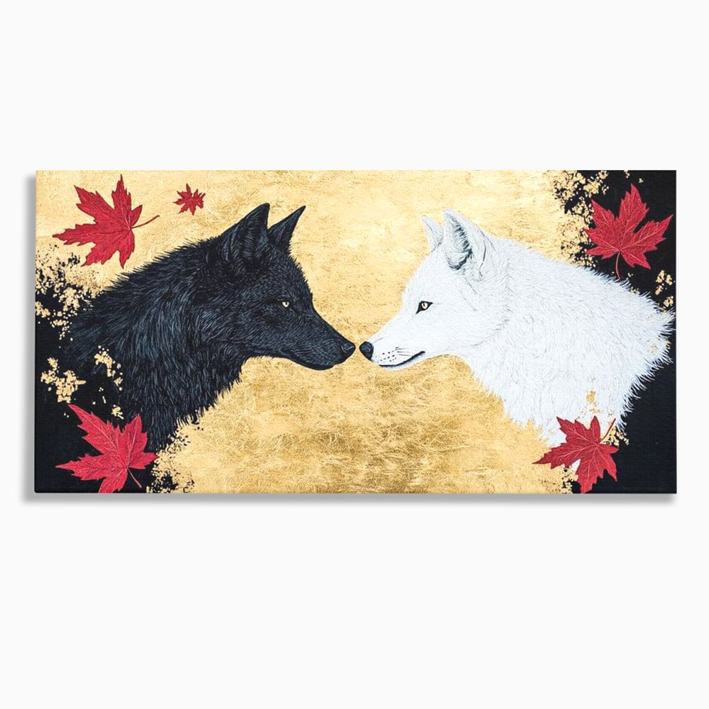 Tablou canvas cu tablou canvas cu doi lupi si frunze de artar, fara rama, pe sasiu de lemn